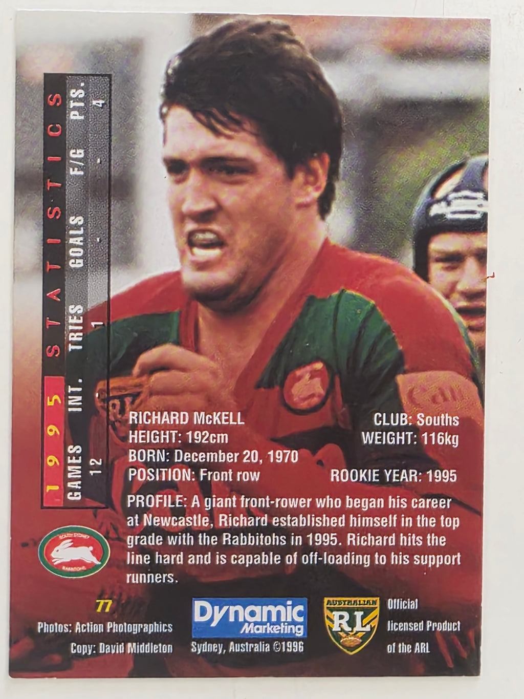 NRL 1996 Dynamic Series 1 Base Card #077 Richard McKell South Sydney Rabbitohs