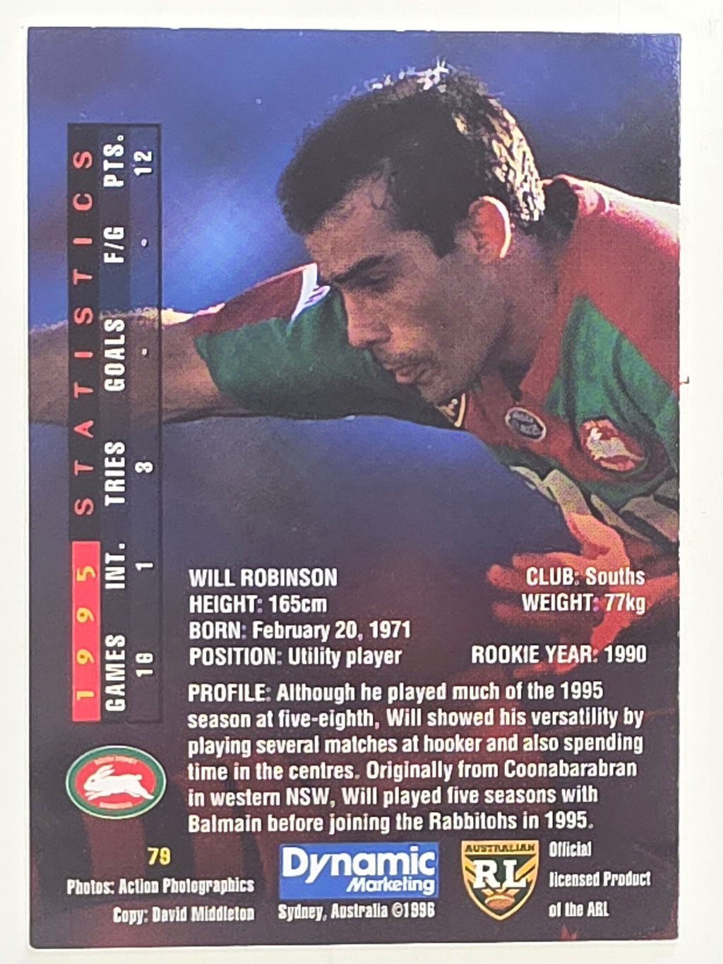 NRL 1996 Dynamic Series 1 Base Card #079 Will Robinson South Sydney Rabbitohs