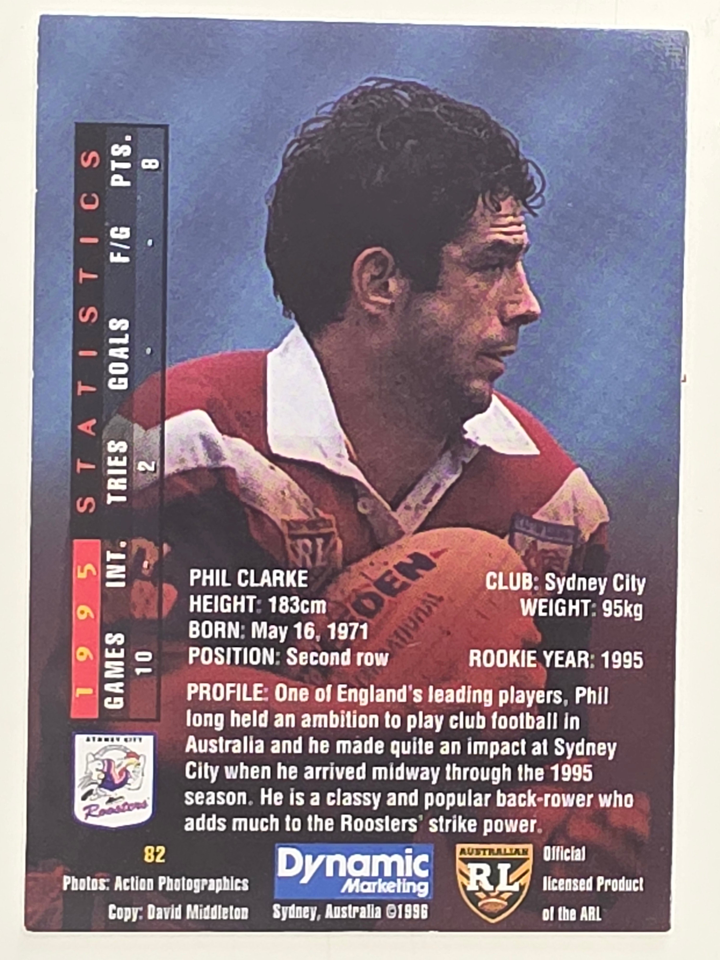 NRL 1996 Dynamic Series 1 Base Card #082 Phil Clarke Eastern Suburbs Roosters