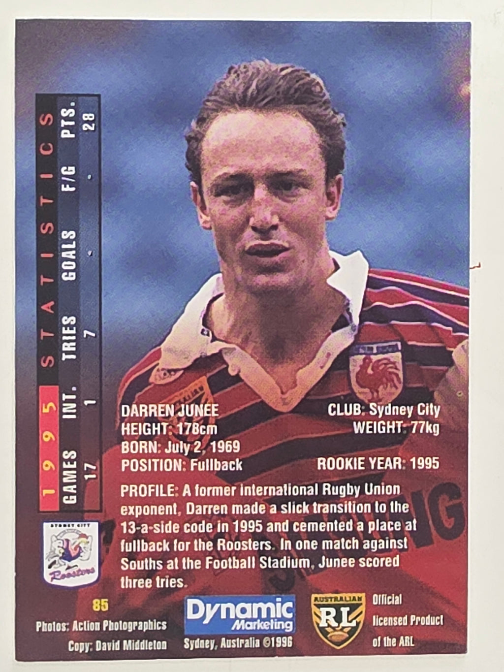 NRL 1996 Dynamic Series 1 Base Card #085 Darren Junee Eastern Suburbs Roosters