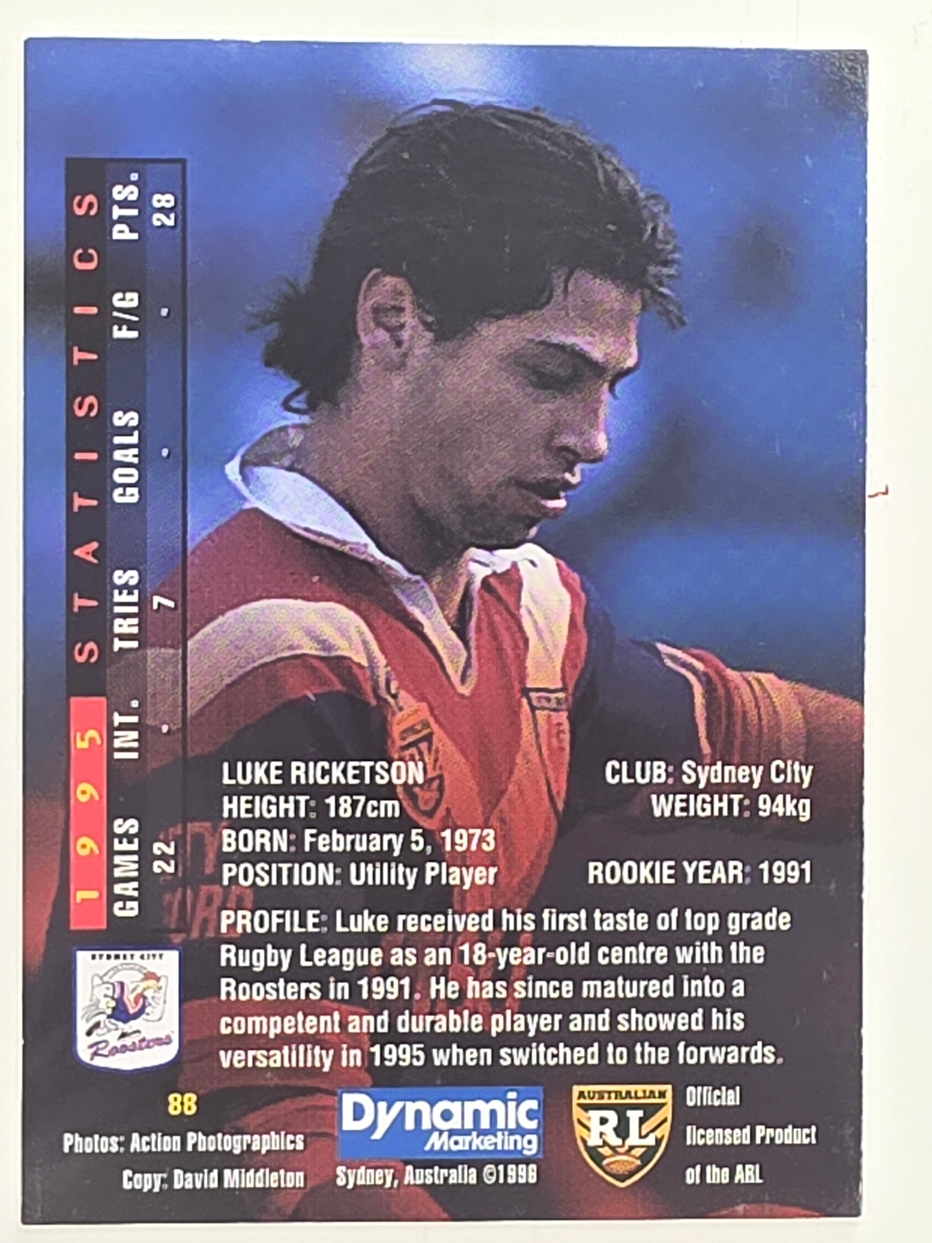 NRL 1996 Dynamic Series 1 Base Card #088 Luke Ricketson Eastern Suburbs Roosters