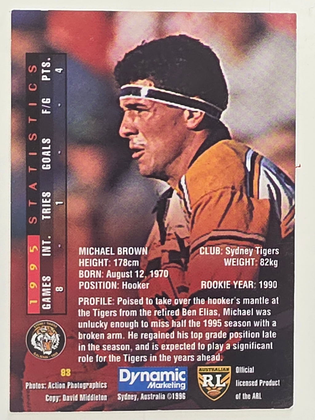 NRL 1996 Dynamic Series 1 Base Card #093 Michael Brown Balmain Tigers