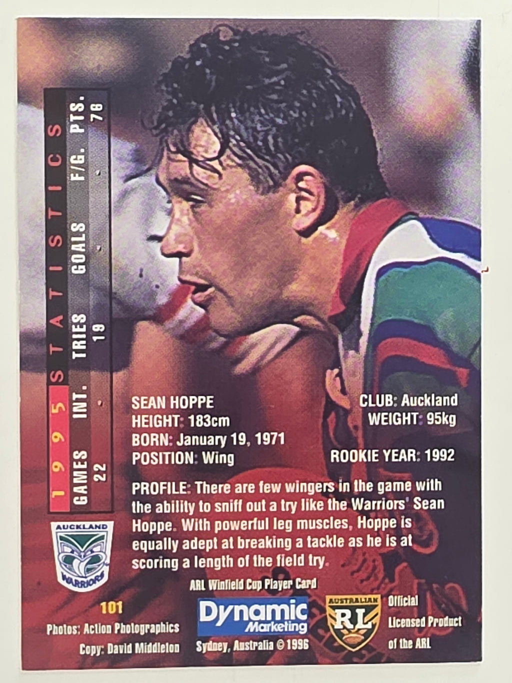 NRL 1996 Dynamic Series 1 Base Card #101 Sean Hoppe Auckland Warriors