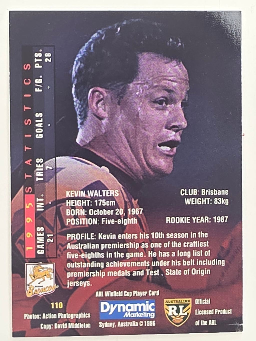 NRL 1996 Dynamic Series 1 Base Card #110 Kevin Walters Brisbane Broncos