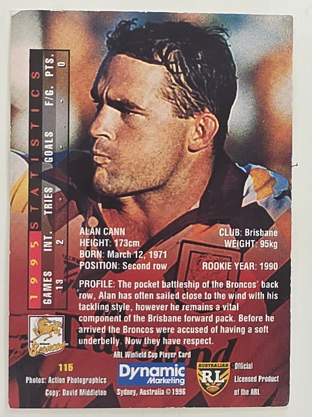 NRL 1996 Dynamic Series 1 Base Card #115 Alan Cann Brisbane Broncos