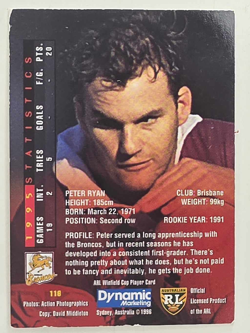 NRL 1996 Dynamic Series 1 Base Card #116 Peter Ryan Brisbane Broncos
