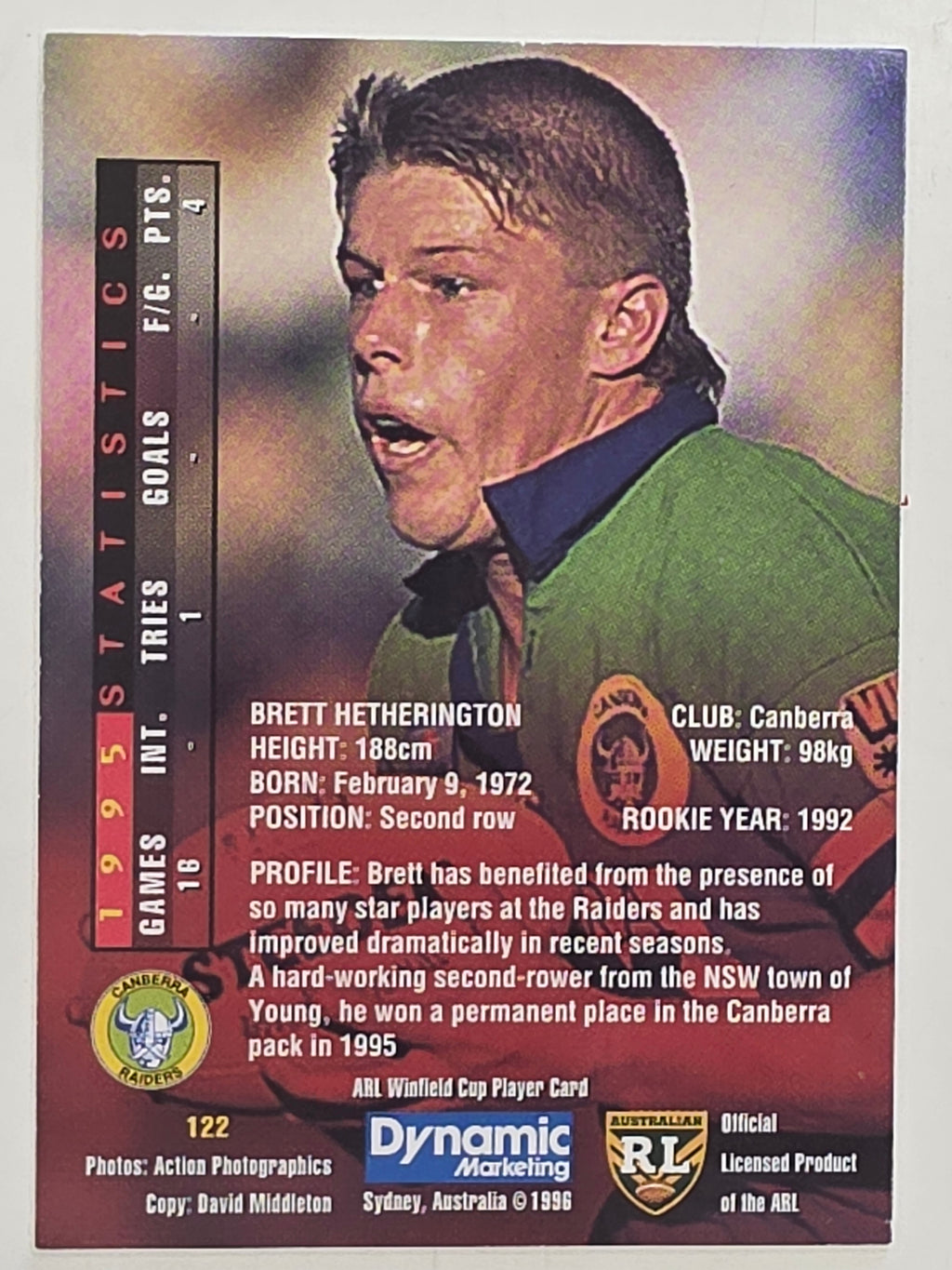 NRL 1996 Dynamic Series 1 Base Card #122 Brett Hetherington Canberra Raiders