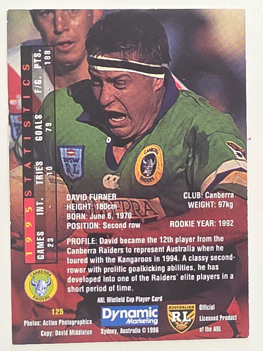 NRL 1996 Dynamic Series 1 Base Card #125 David Furner Canberra Raiders