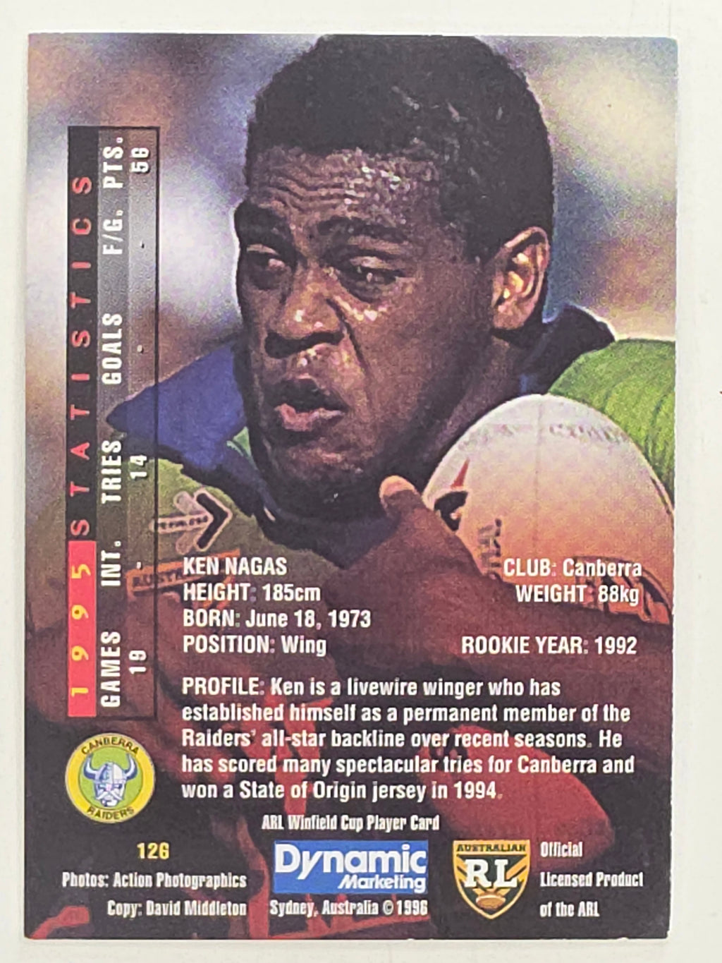 NRL 1996 Dynamic Series 1 Base Card #126 Ken Nagas Canberra Raiders