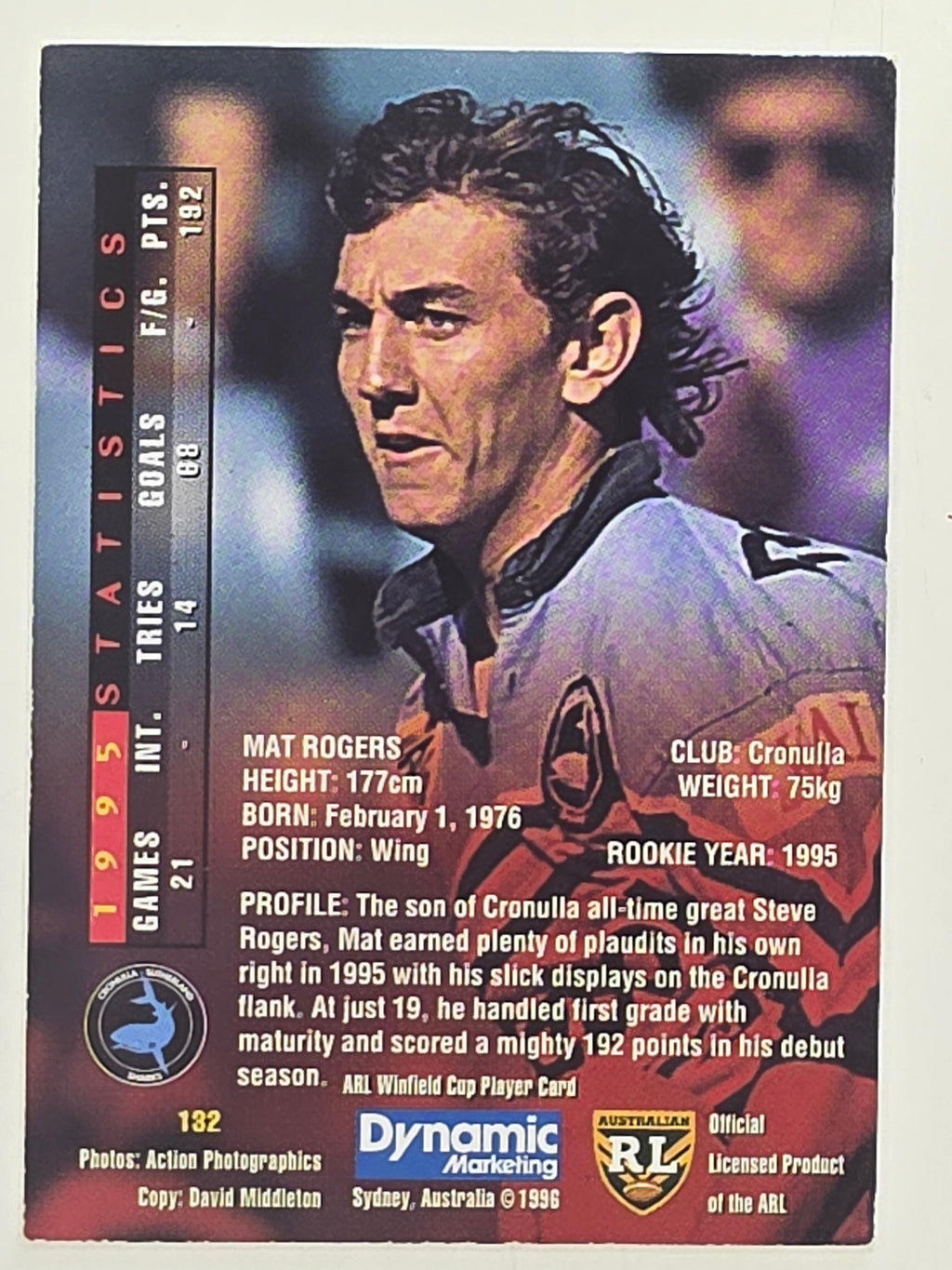 NRL 1996 Dynamic Series 1 Base Card #132 Mat Rogers Cronulla Sutherland Sharks