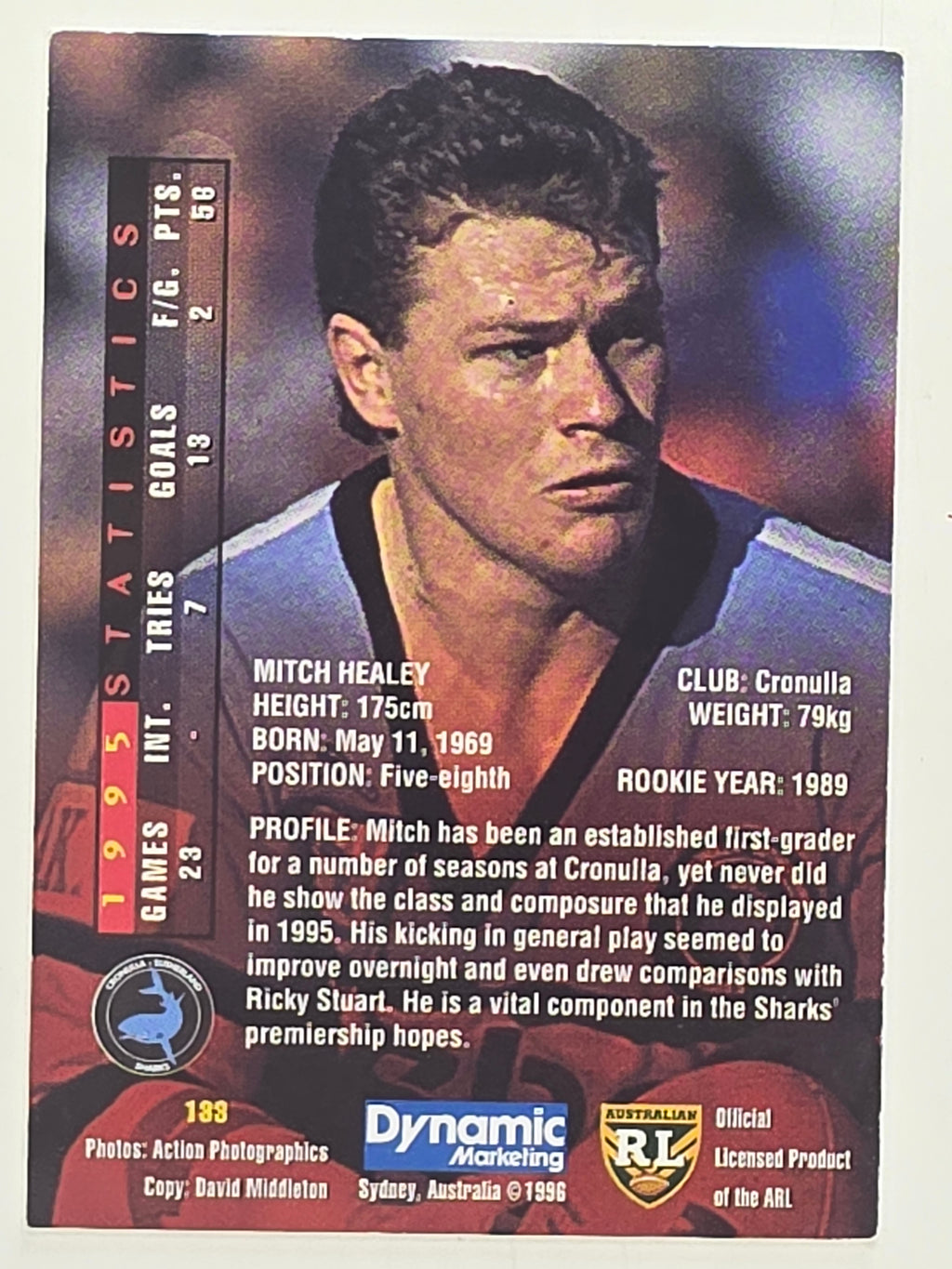 NRL 1996 Dynamic Series 1 Base Card #133 Mitch Healey Cronulla Sutherland Sharks