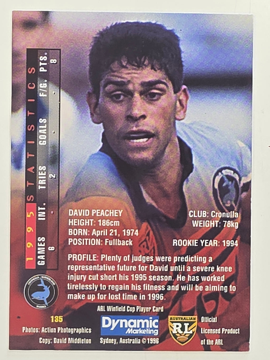 NRL 1996 Dynamic Series 1 Base Card #135 David Peachey Cronulla Sutherland Sharks