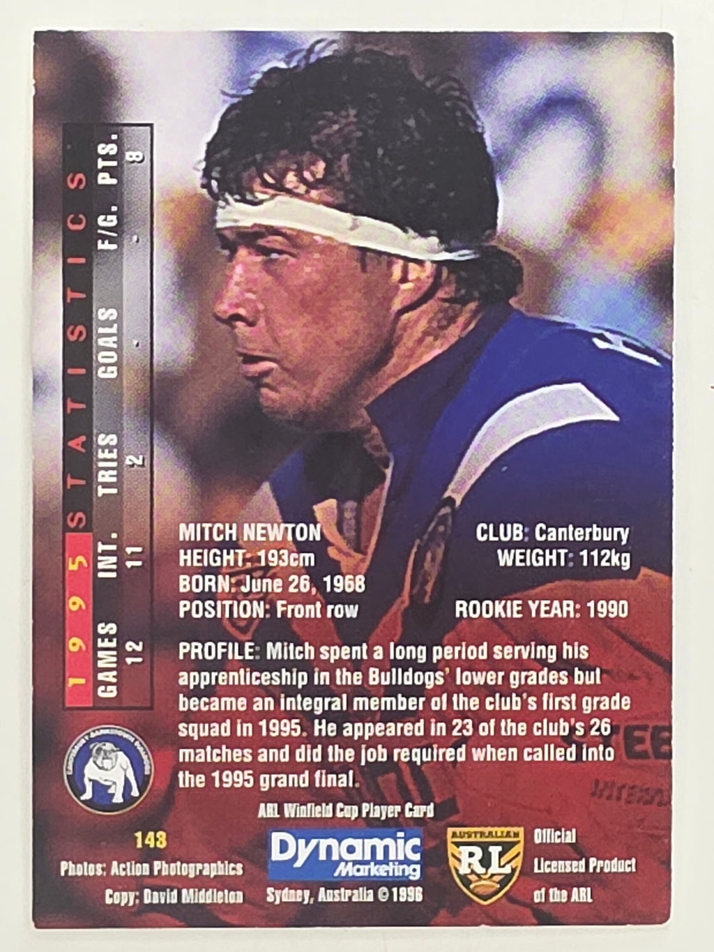 NRL 1996 Dynamic Series 1 Base Card #143 Mitch Newton Canterbury Bankstown Bulldogs