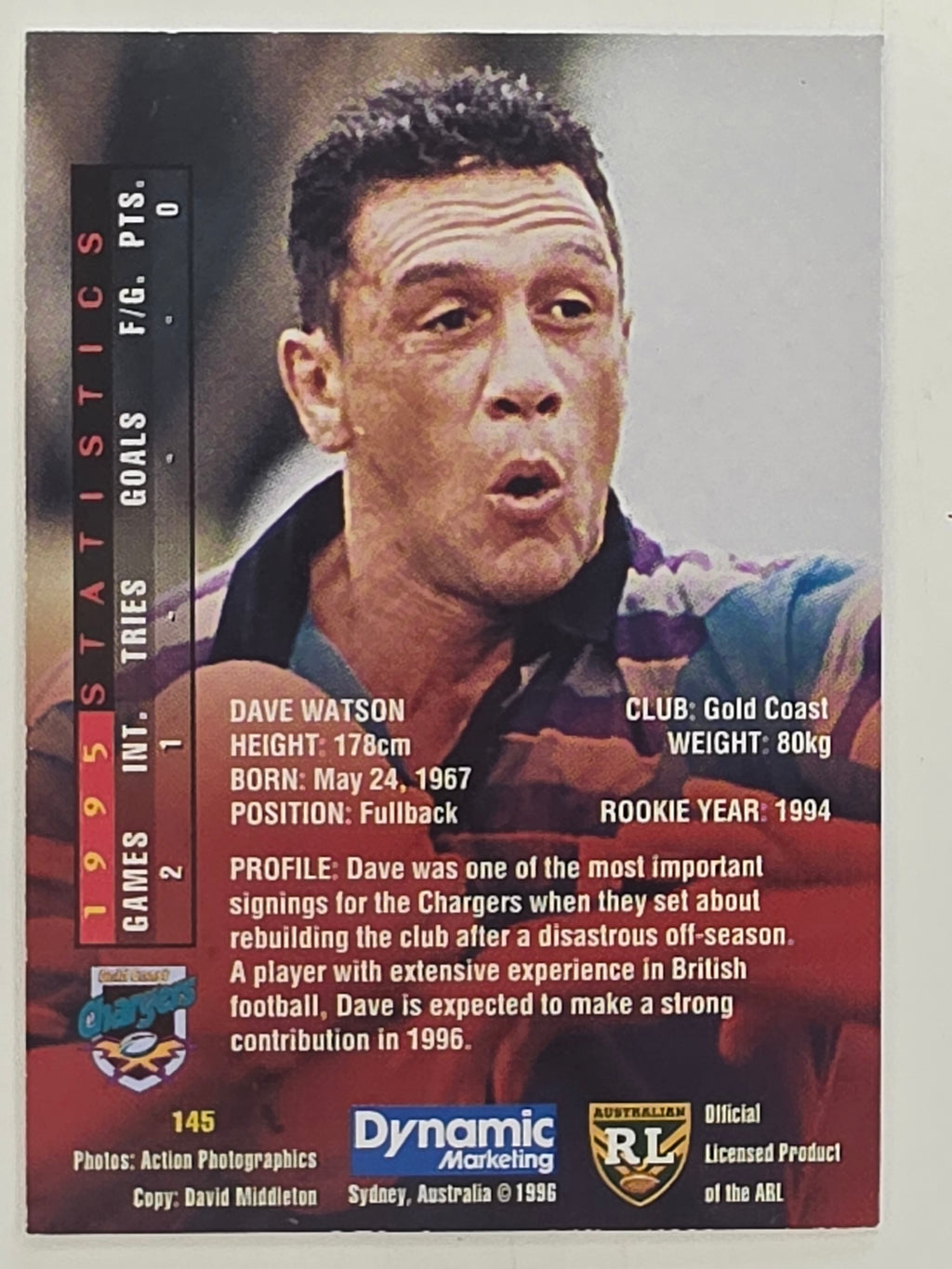 NRL 1996 Dynamic Series 1 Base Card #145 Dave Watson Gold Coast Chargers