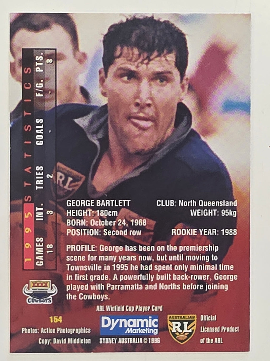 NRL 1996 Dynamic Series 1 Base Card #154 George Bartlett North Queensland Cowboys