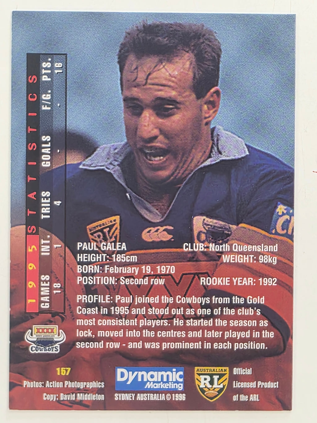 NRL 1996 Dynamic Series 1 Base Card #157 Paul Galea North Queensland Cowboys