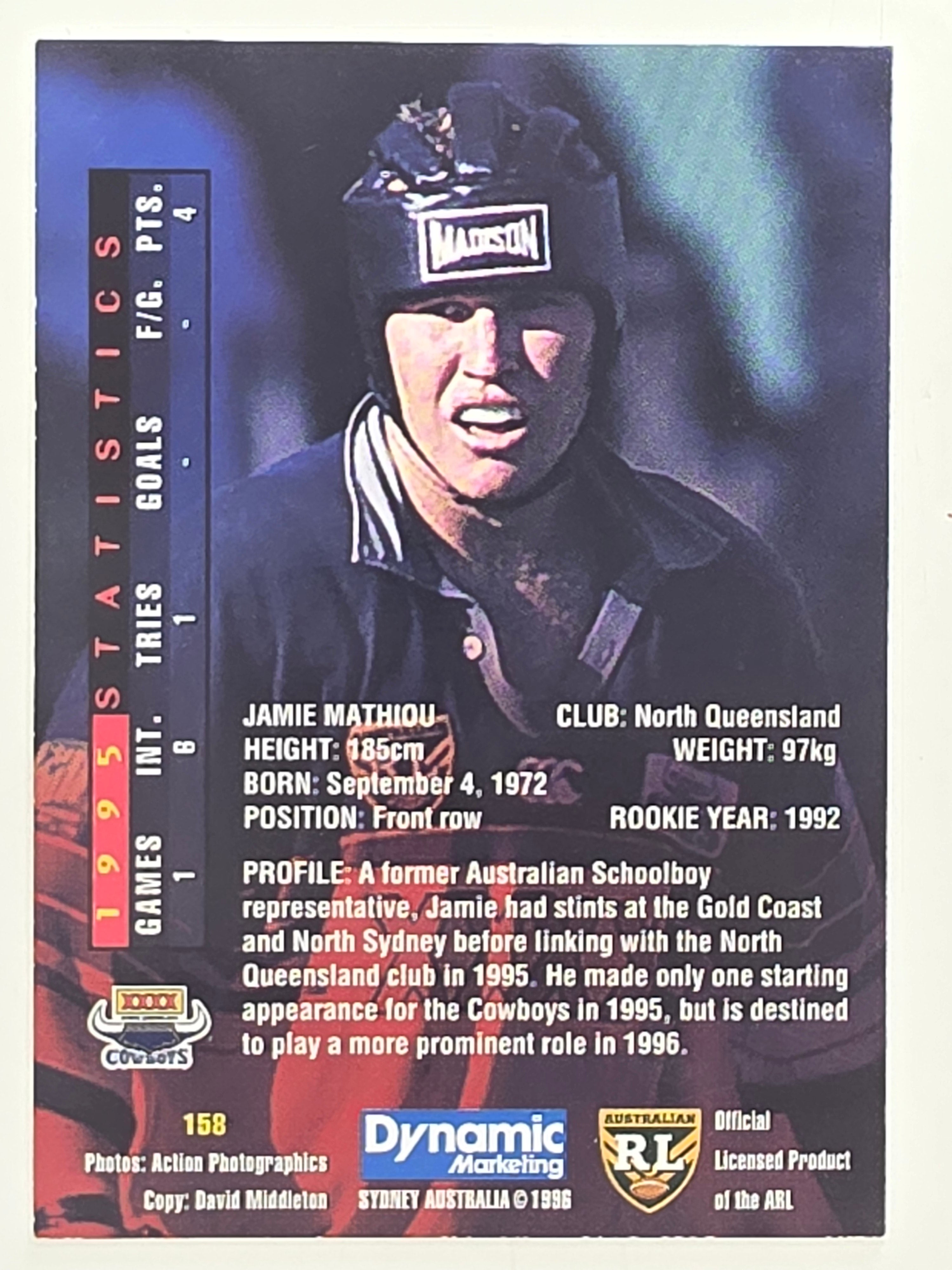 NRL 1996 Dynamic Series 1 Base Card #158 Jamie Mathiou North Queensland Cowboys