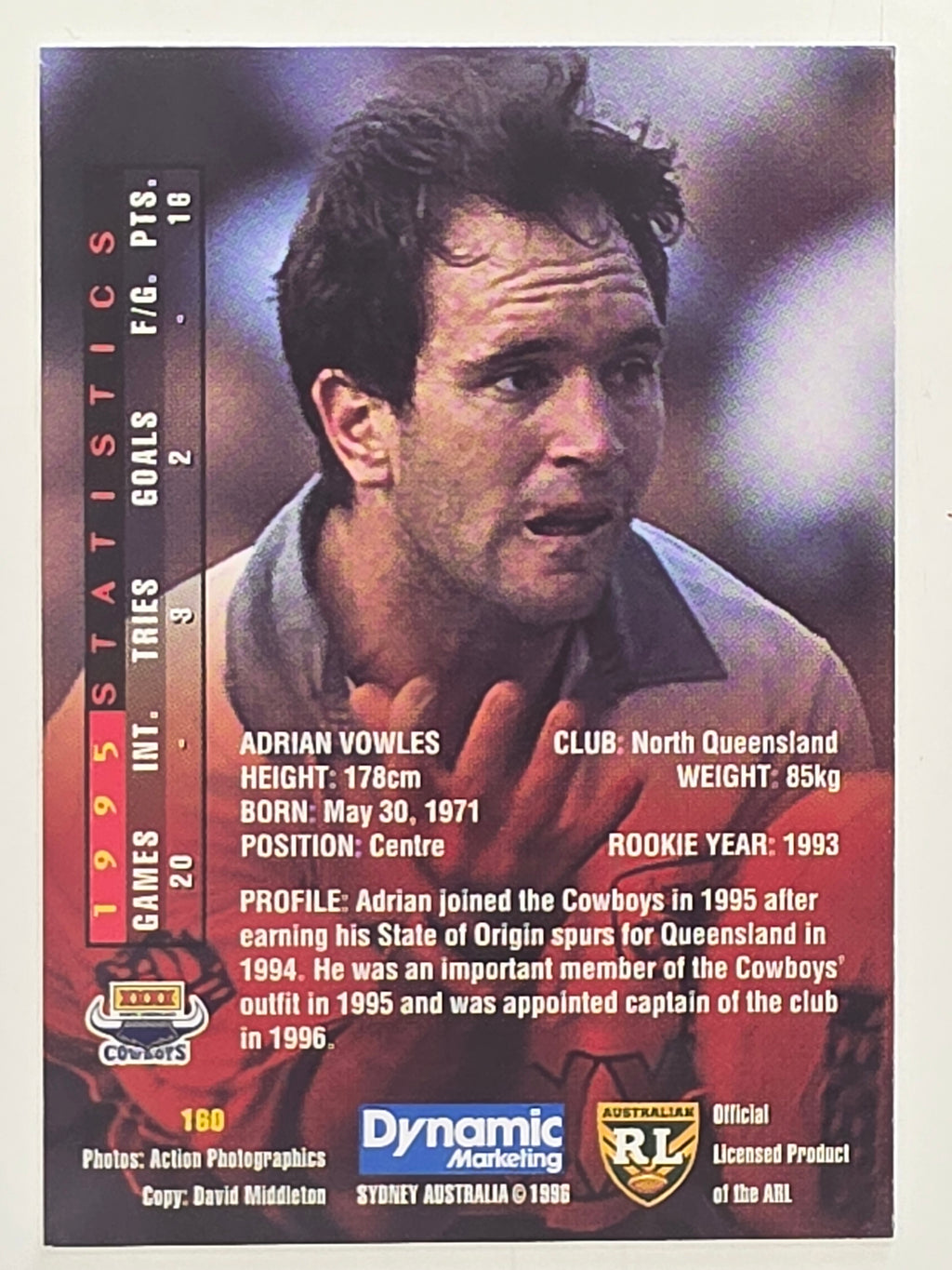 NRL 1996 Dynamic Series 1 Base Card #160 Adrian Vowles North Queensland Cowboys