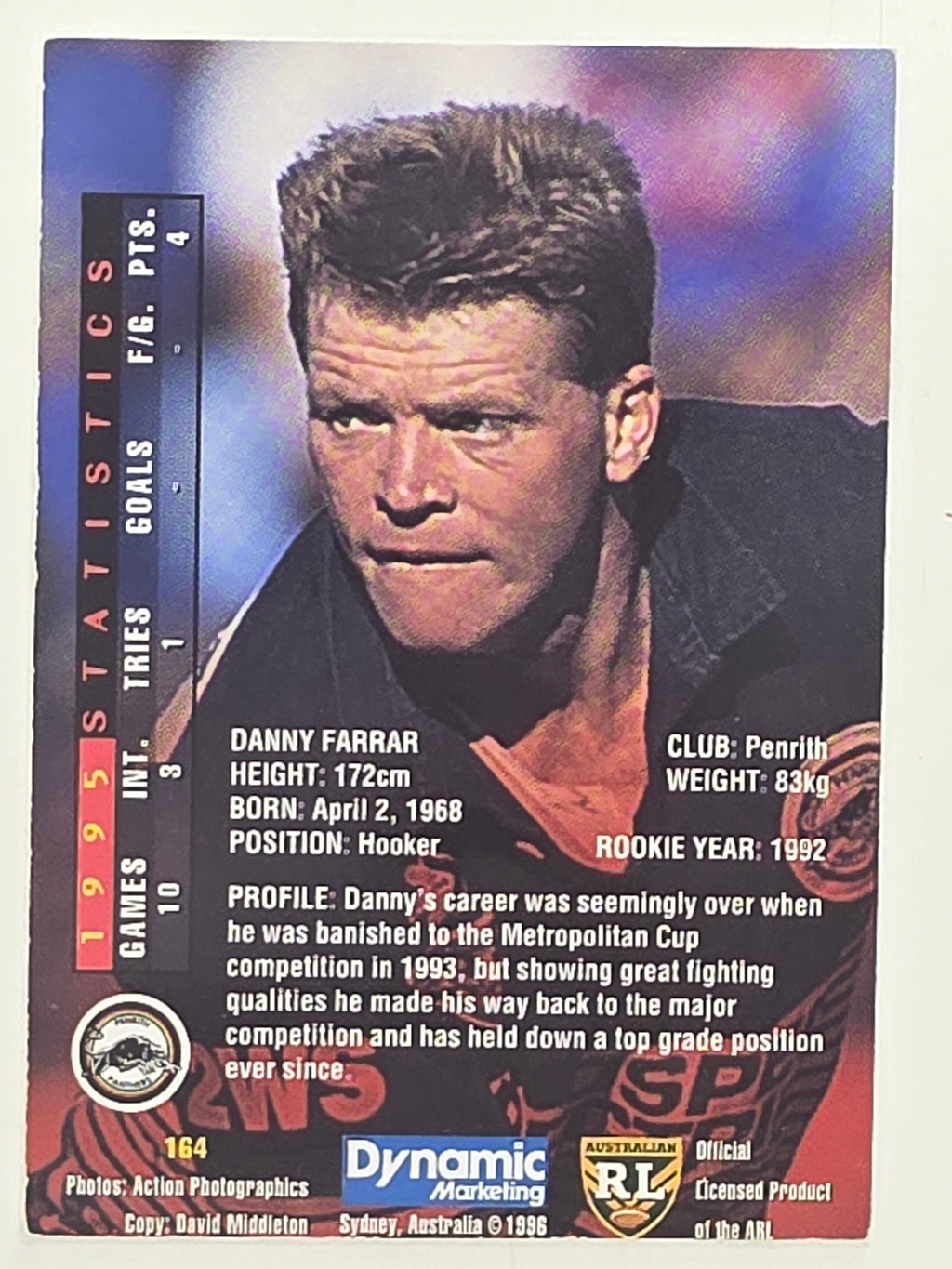 NRL 1996 Dynamic Series 1 Base Card #164 Danny Farrar Penrith Panthers