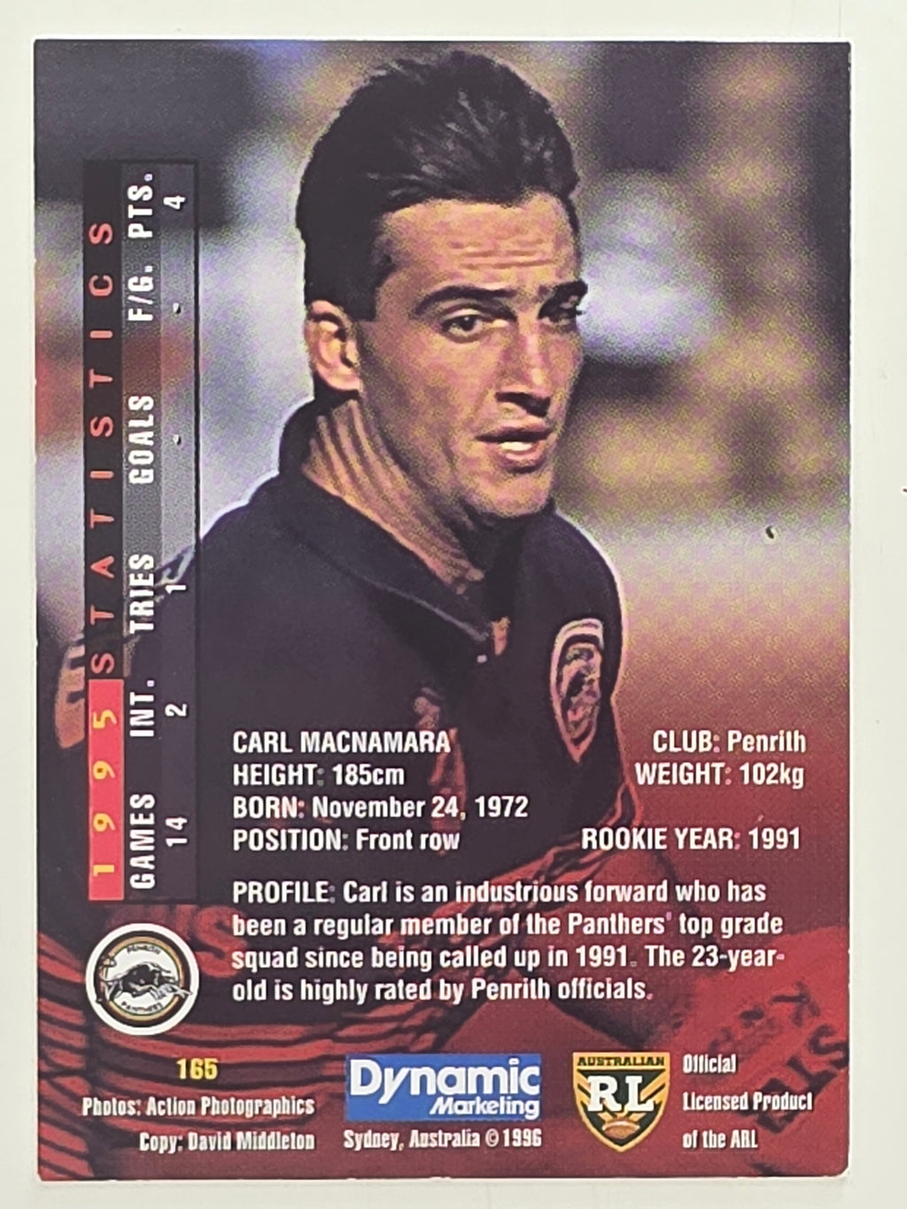 NRL 1996 Dynamic Series 1 Base Card #165 Carl McNamara Penrith Panthers