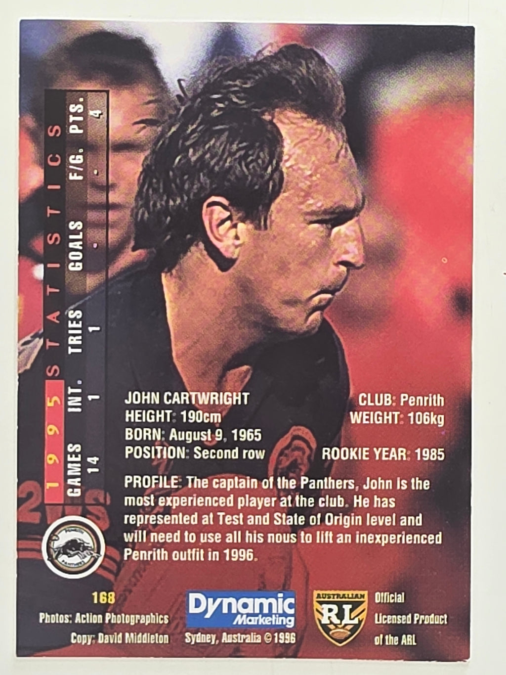 NRL 1996 Dynamic Series 1 Base Card #168 John Cartwright Penrith Panthers