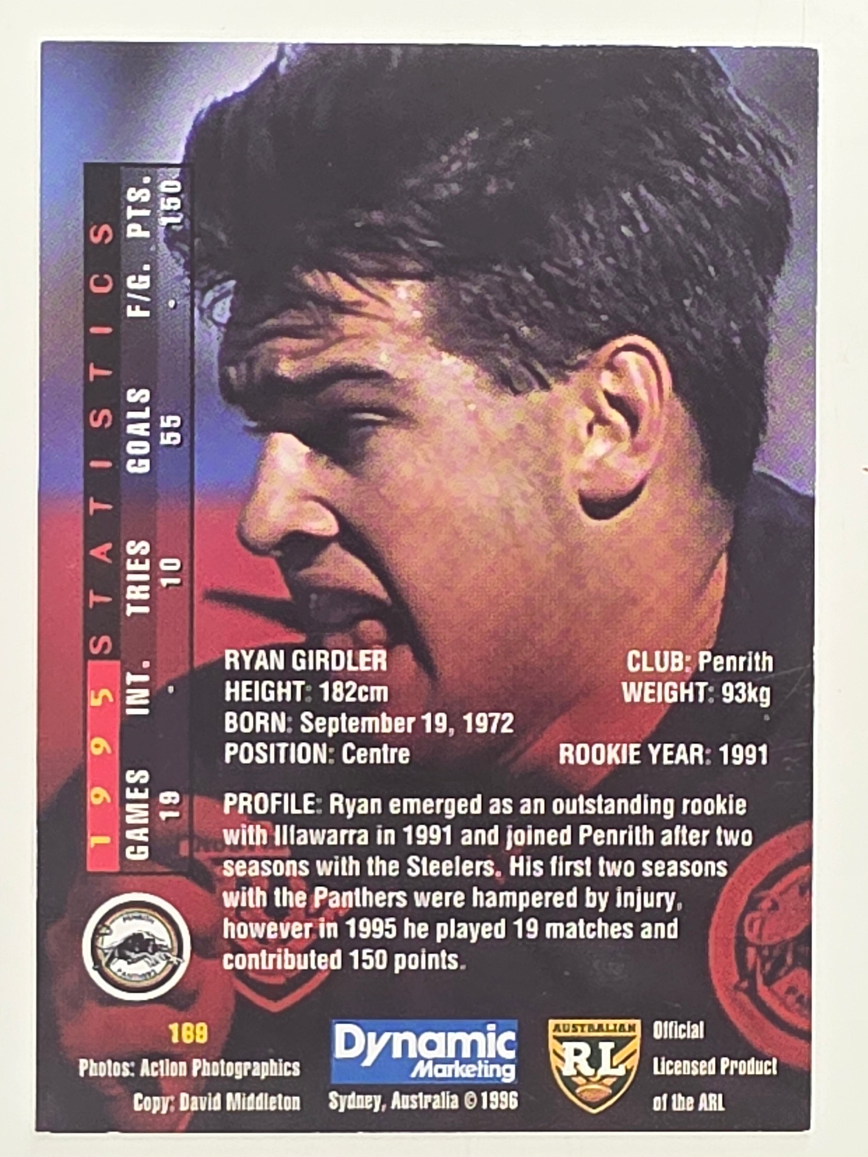 NRL 1996 Dynamic Series 1 Base Card #169 Ryan Girdler Penrith Panthers