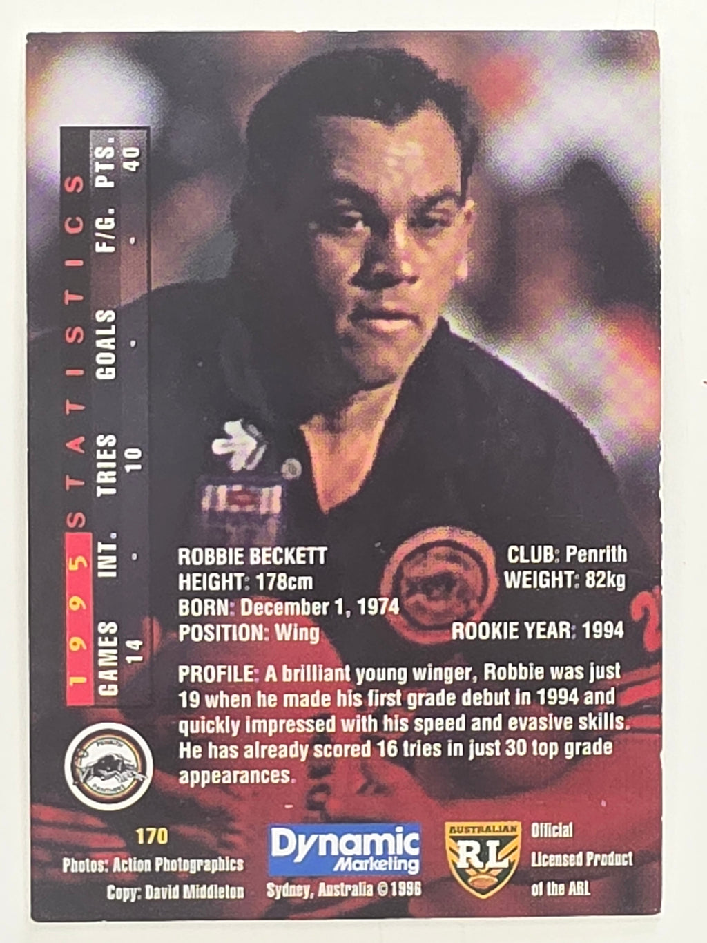 NRL 1996 Dynamic Series 1 Base Card #170 Robbie Beckett Penrith Panthers