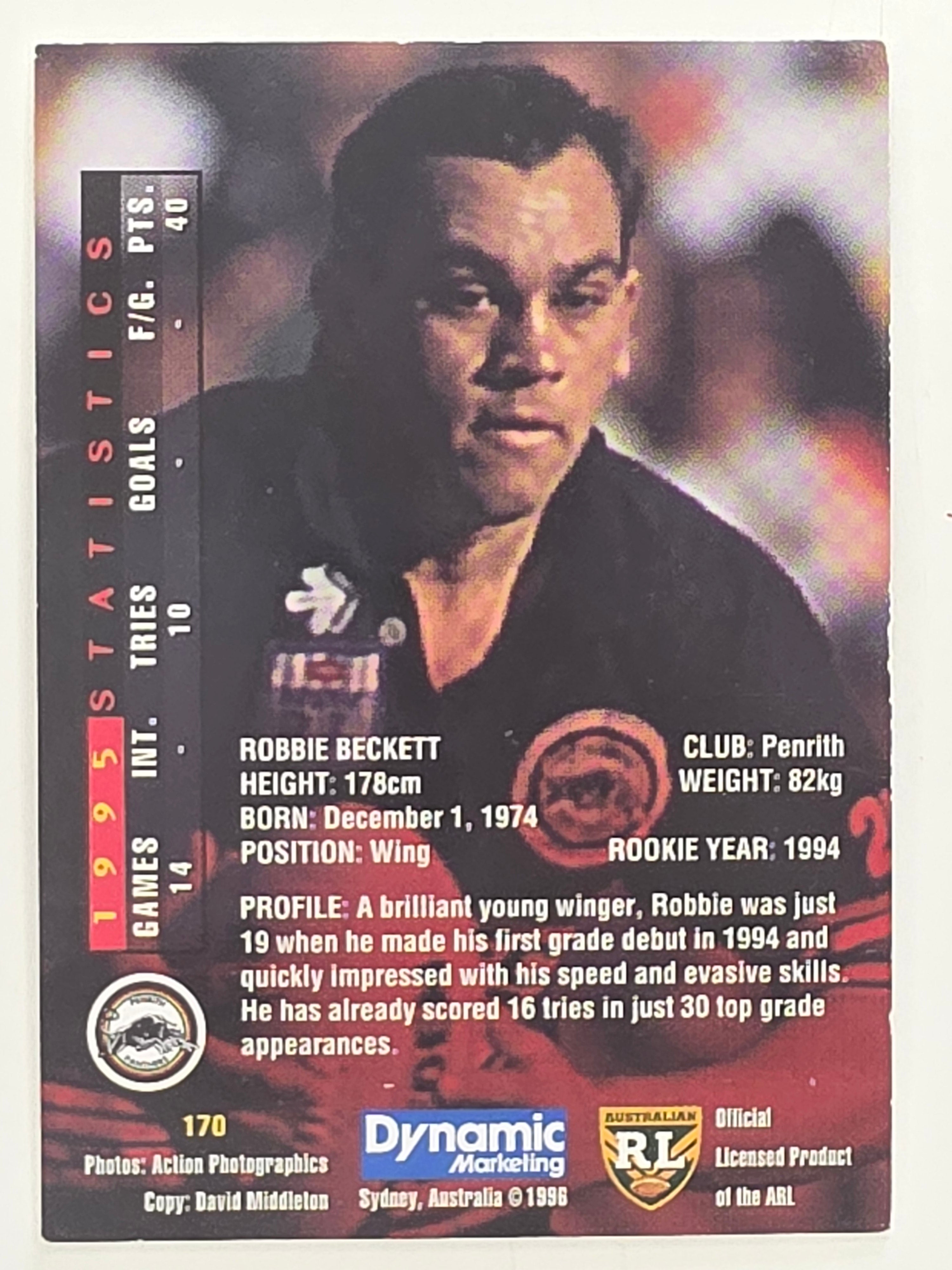 NRL 1996 Dynamic Series 1 Base Card #170 Robbie Beckett Penrith Panthers