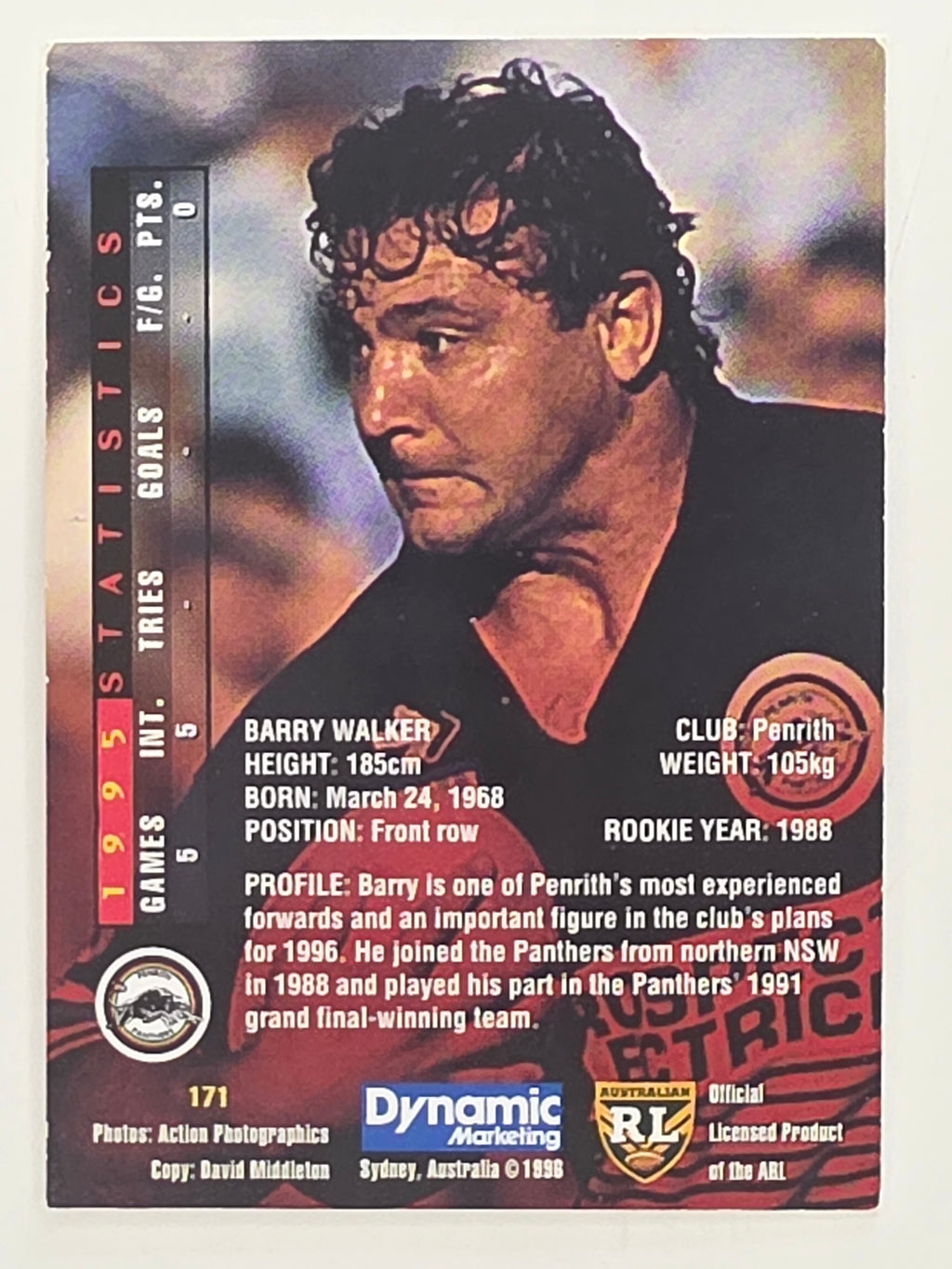 NRL 1996 Dynamic Series 1 Base Card #171 Barry Walker Penrith Panthers
