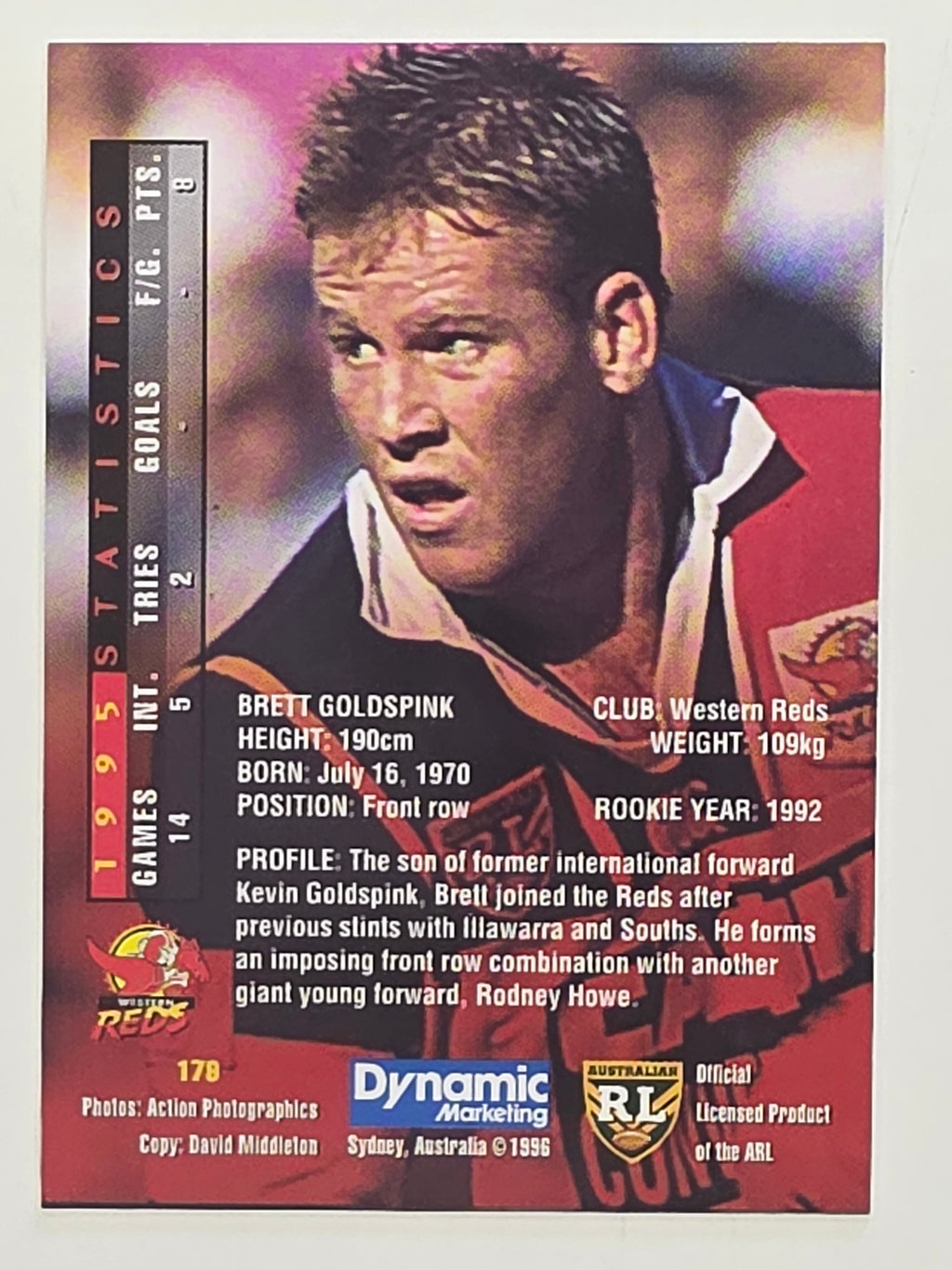 NRL 1996 Dynamic Series 1 Base Card #179 Brett Goldspinks Western Reds