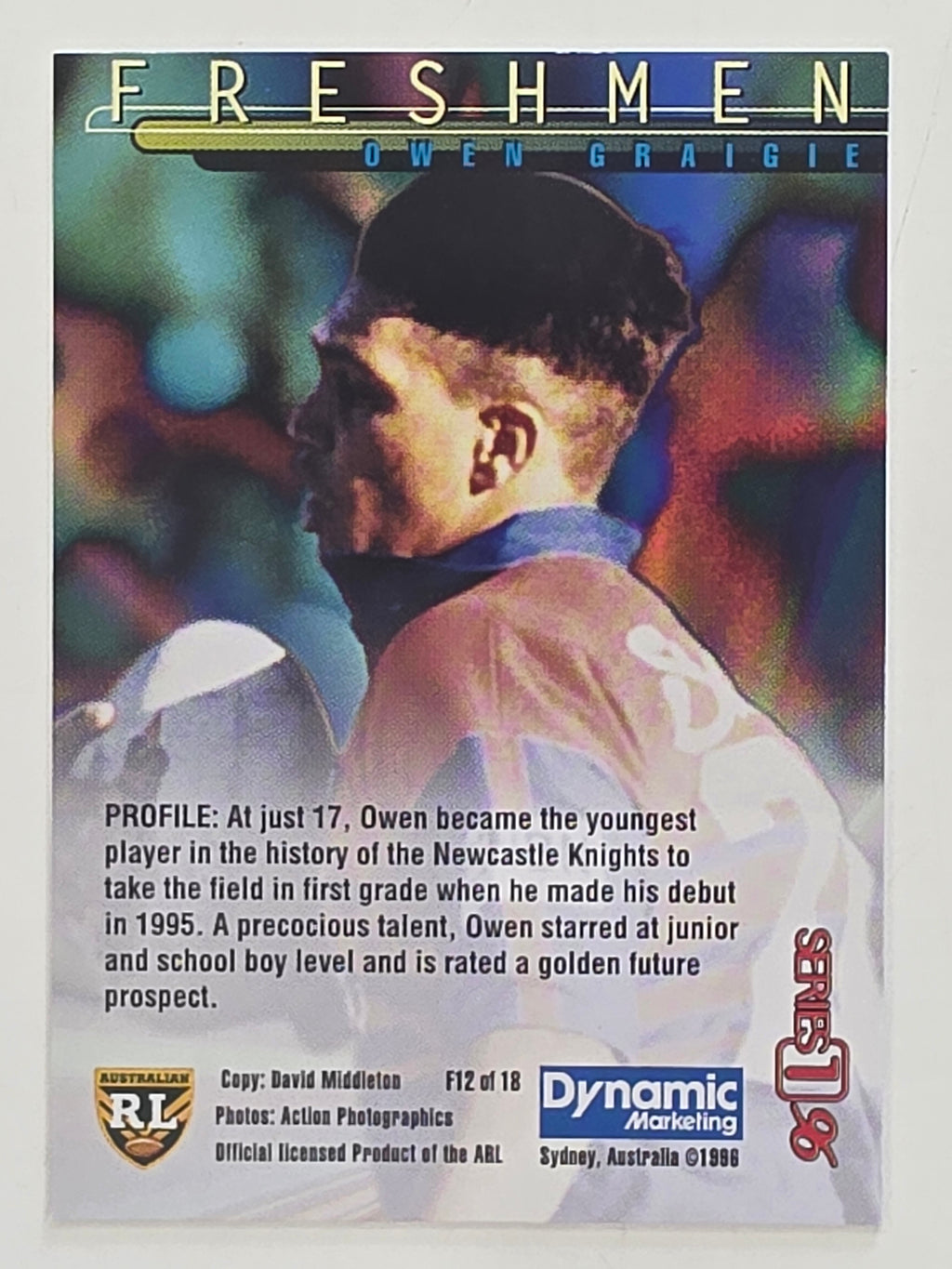 NRL 1996 Dynamic Series 1 Base Card #F12 Owen Craigie Newcastle Knights