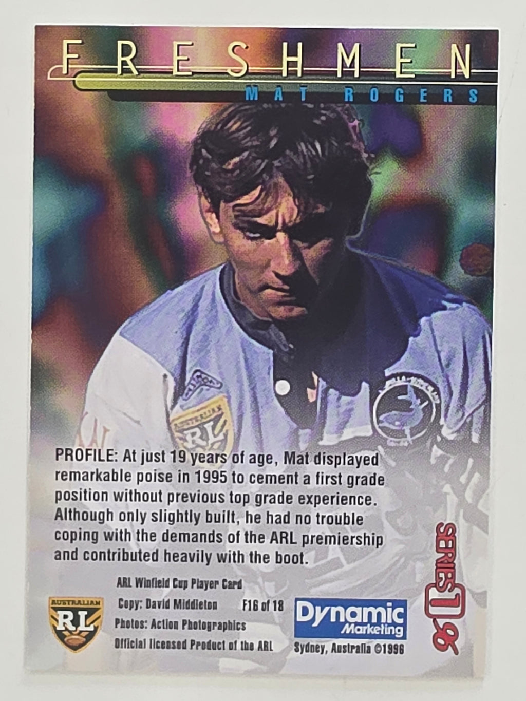 NRL 1996 Dynamic Series 1 Base Card #F16 Mat Rogers Cronulla Sutherland Sharks