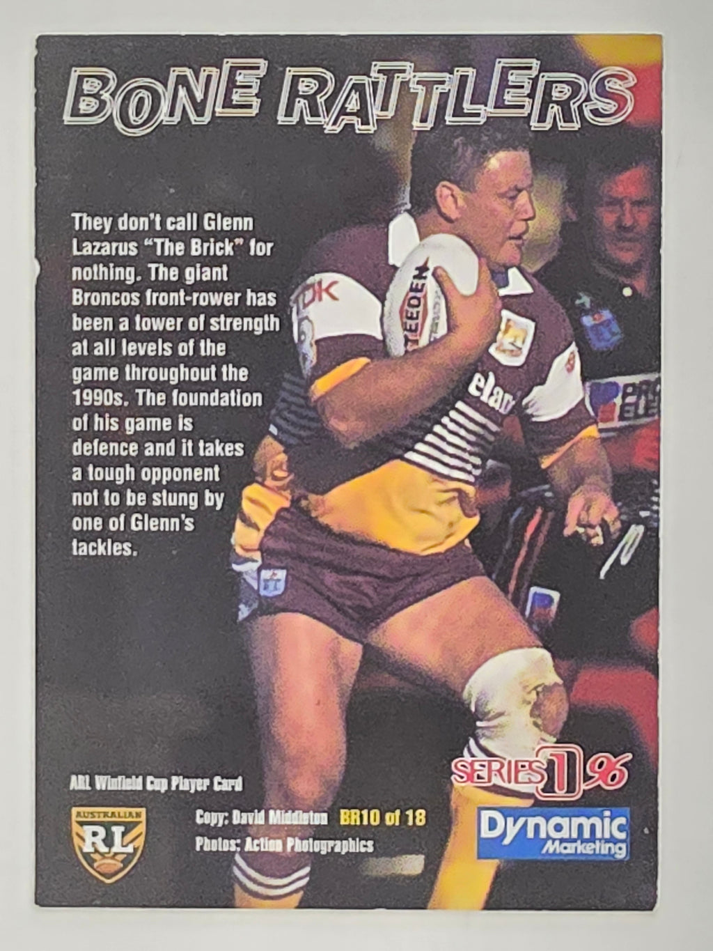 NRL 1996 Dynamic Series 1 Base Card #BR10 Glenn Lazarus Brisbane Broncos
