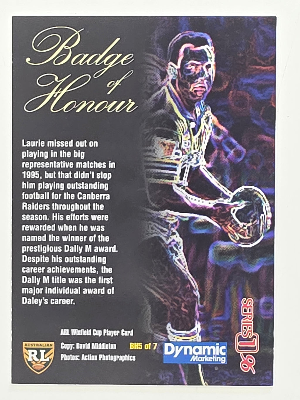 NRL 1996 Dynamic Series 1 Base Card #BH5 Laurie Daley Canberra Raiders
