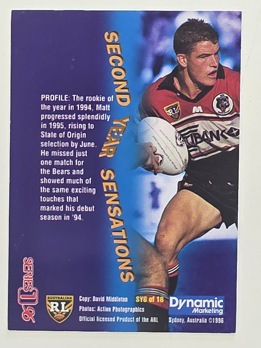 NRL 1996 Dynamic Series 1 Base Card #SY6 Matt Seers North Sydney Bears