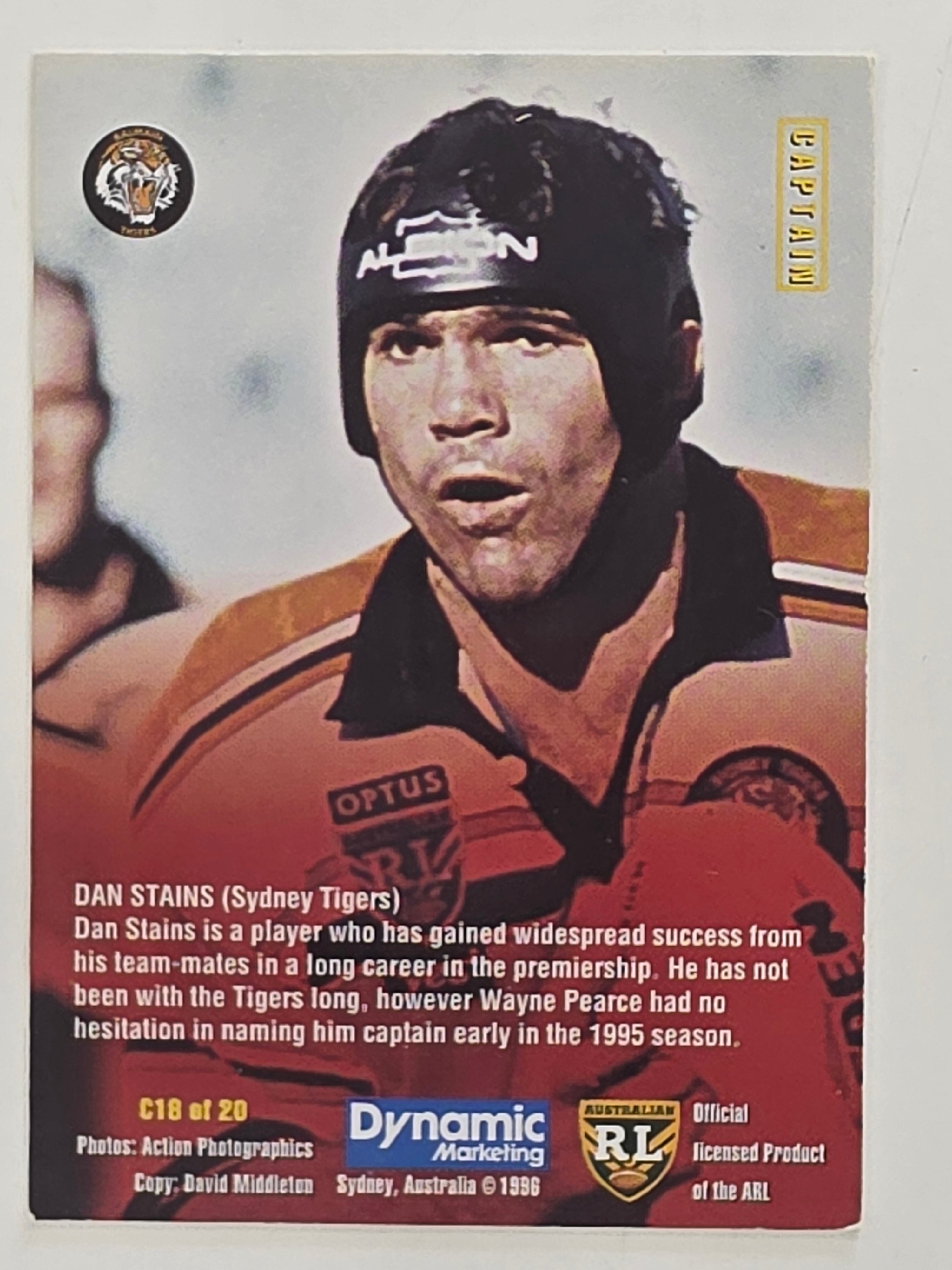 NRL 1996 Dynamic Series 1 Base Card #C18 Dan Stains Balmain Tigers