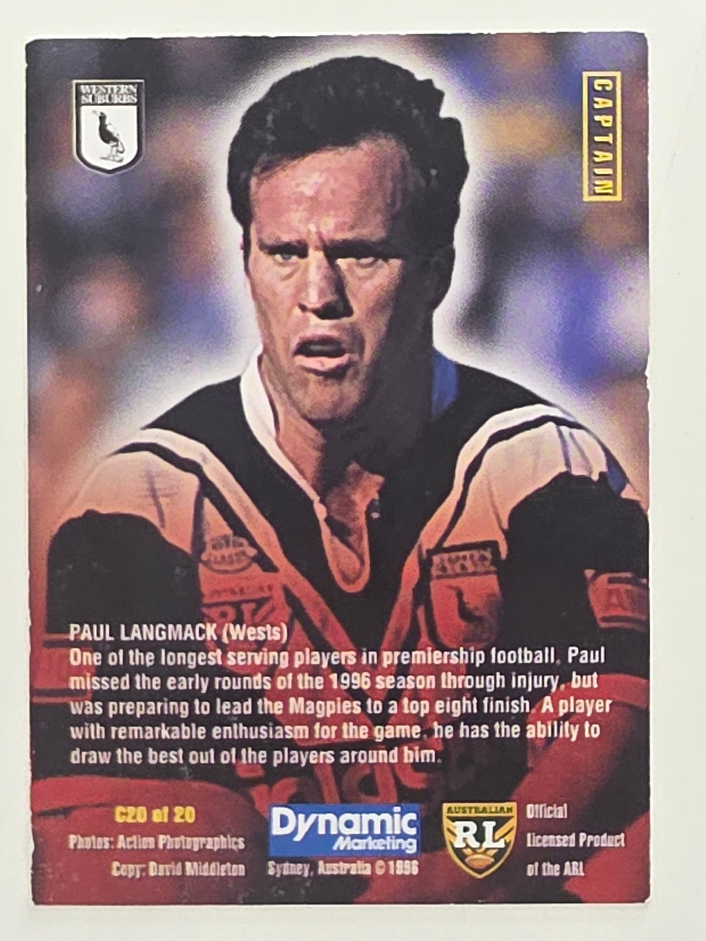 NRL 1996 Dynamic Series 1 Base Card #C20 Paul Langmack Western Suburbs Magpies
