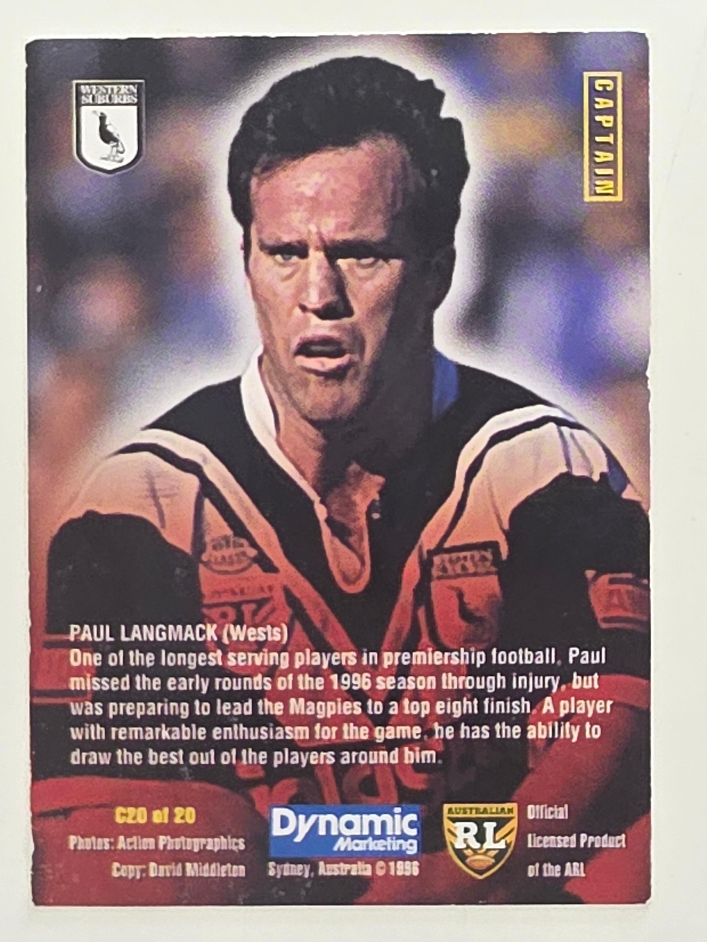 NRL 1996 Dynamic Series 1 Base Card #C20 Paul Langmack Western Suburbs Magpies