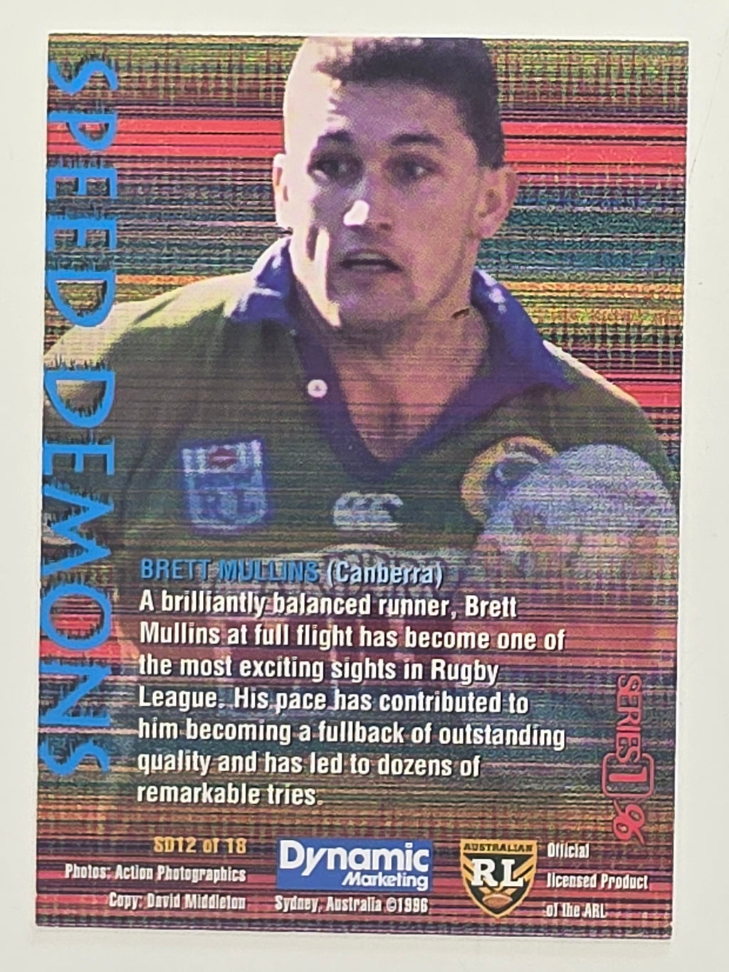NRL 1996 Dynamic Series 1 Base Card #SD12 Brett Mullins Canberra Raiders