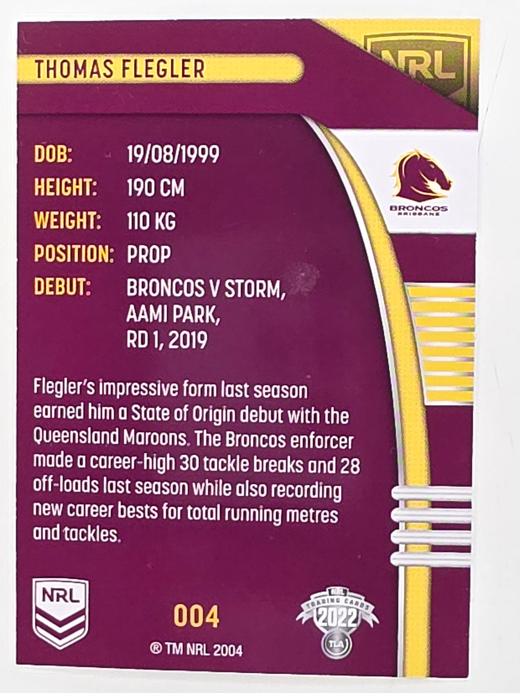 NRL 2022 Traders #004 Thomas Flegler Brisbane Broncos