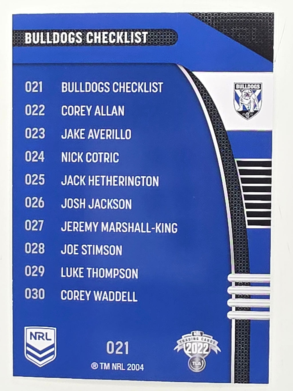 NRL 2022 Traders #021 Checklist Canterbury Bankstown Bulldogs