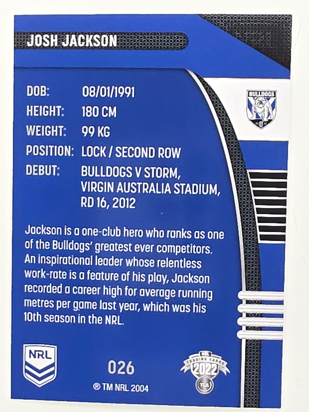 NRL 2022 Traders #026 Josh Jackson Canterbury Bankstown Bulldogs