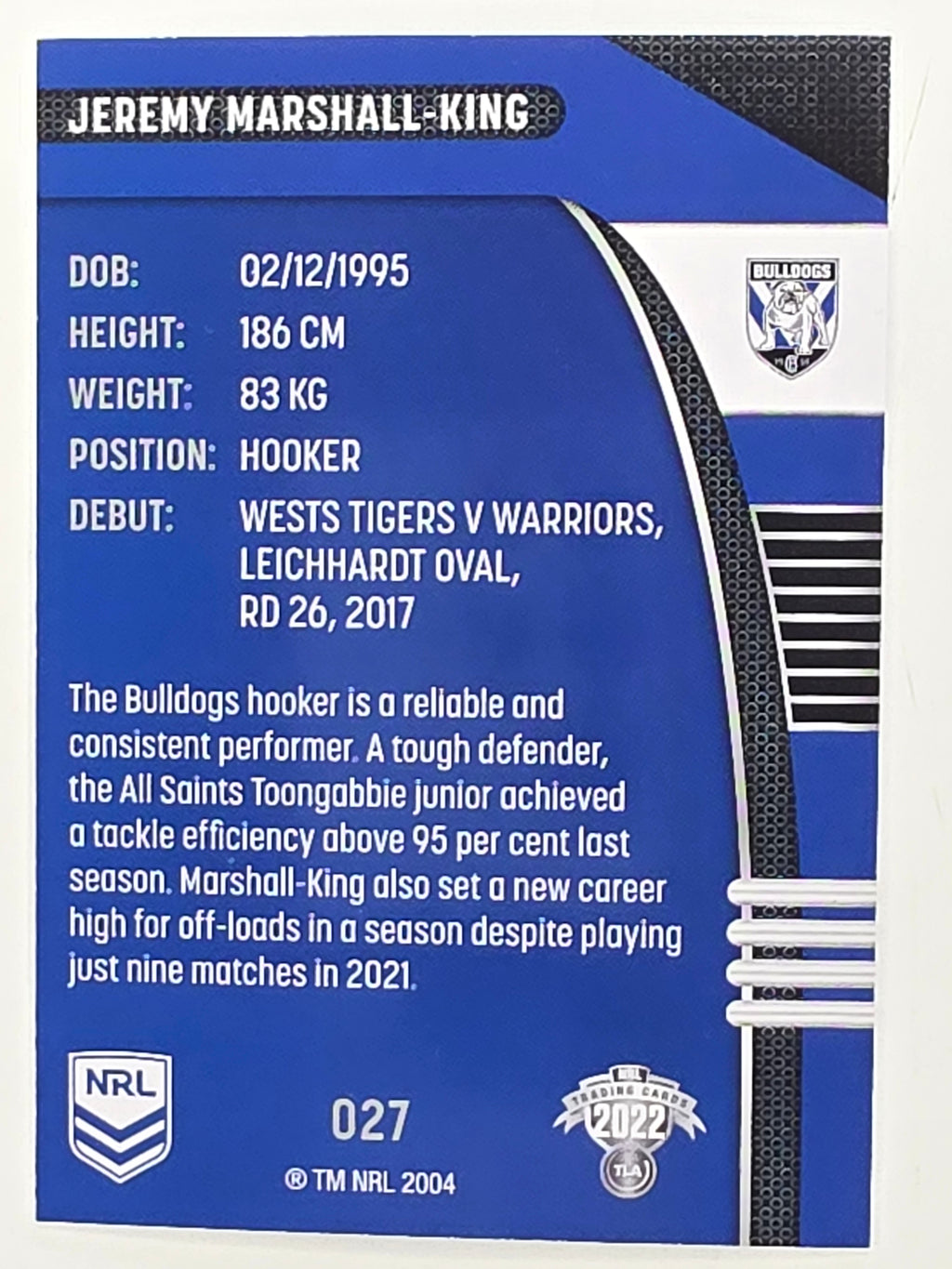NRL 2022 Traders #027 Jeremy Marshall-King Canterbury Bankstown Bulldogs