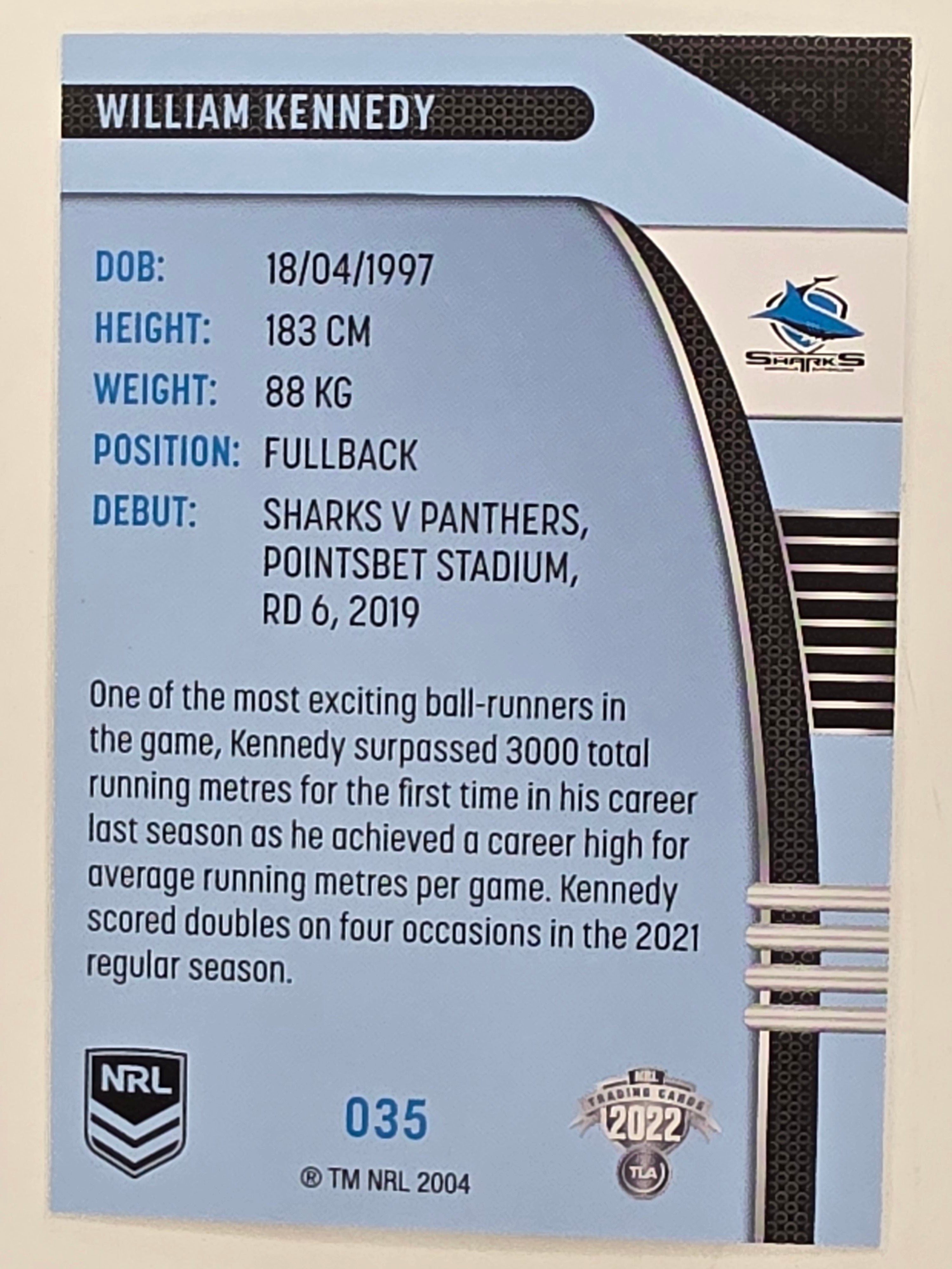 NRL 2022 Traders #035 William Kennedy Cronulla Sutherland Sharks