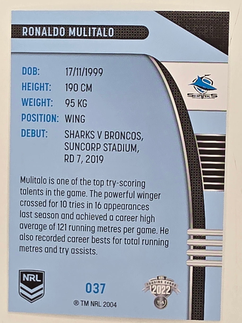 NRL 2022 Traders #037 Ronaldo Mulitalo Cronulla Sutherland Sharks