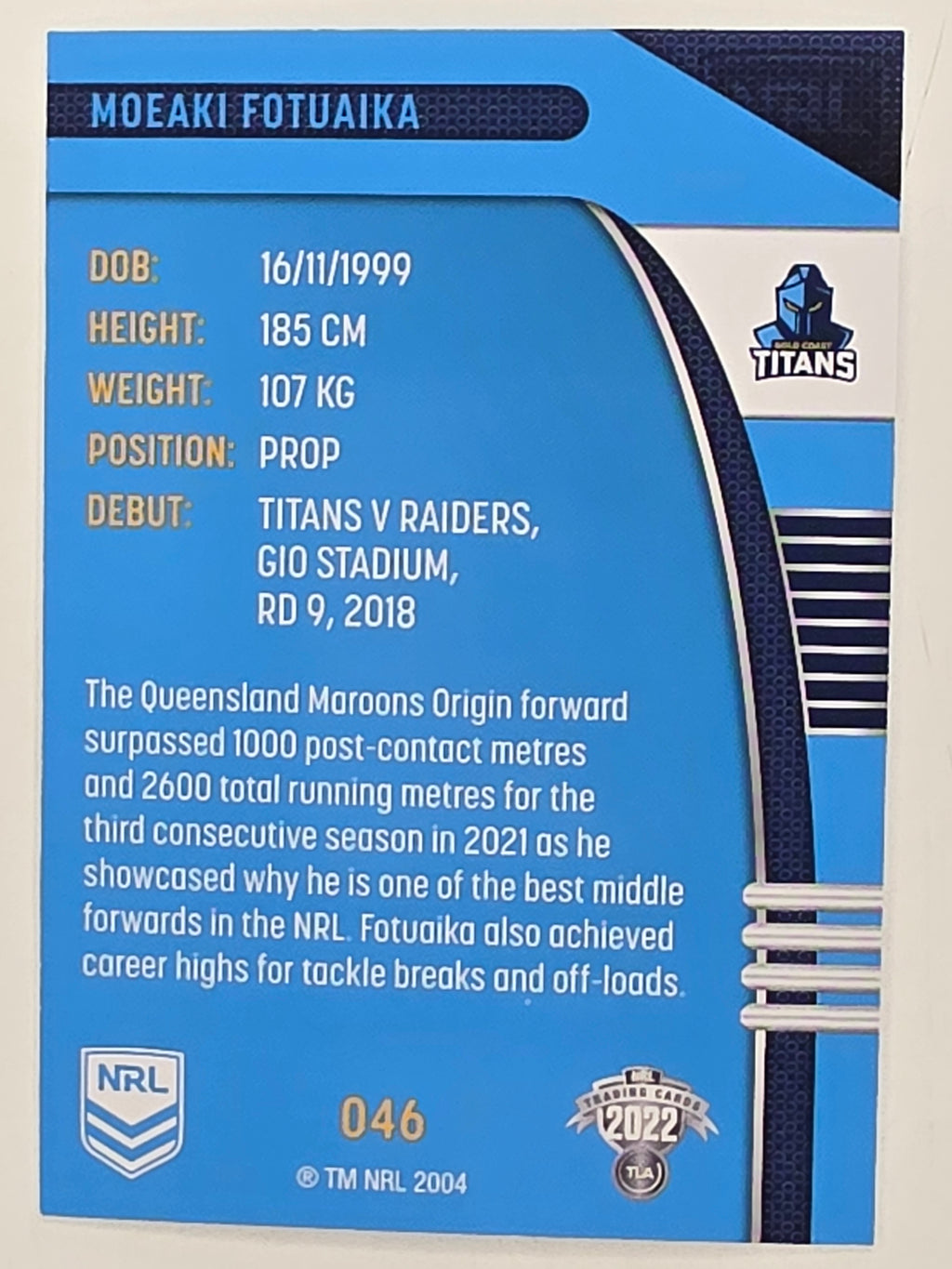 NRL 2022 Traders #046 Moeaki Fotuiaka Gold Coast Titans
