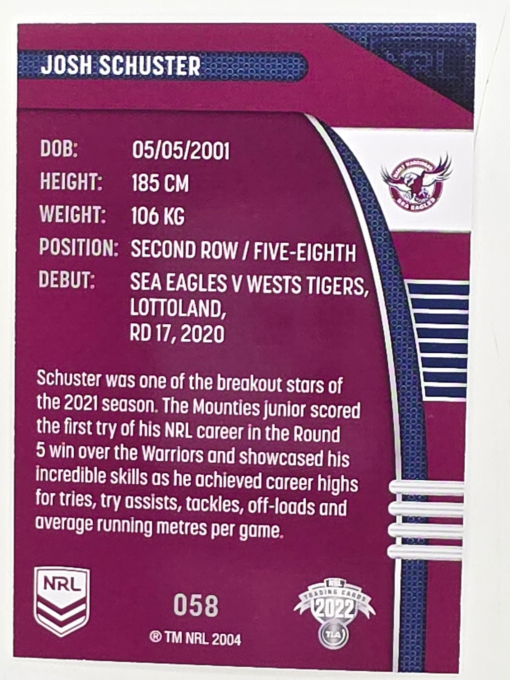 NRL 2022 Traders #058 Josh Schuster Manly Warringah Sea Eagles
