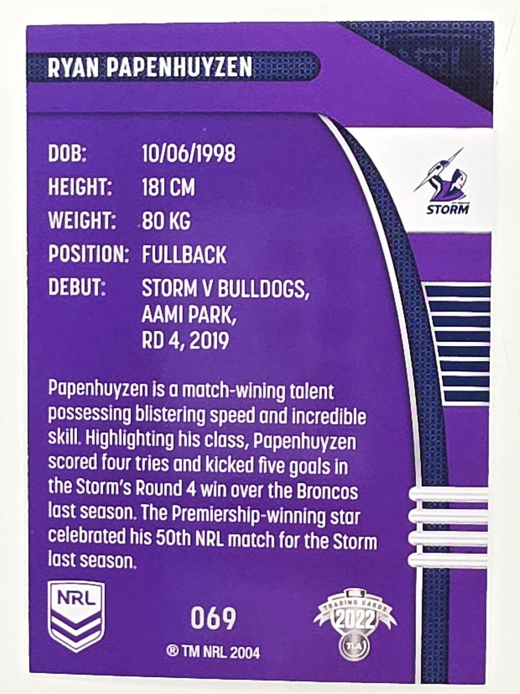 NRL 2022 Traders #069 Ryan Papenhuyzen Melbourne Storm