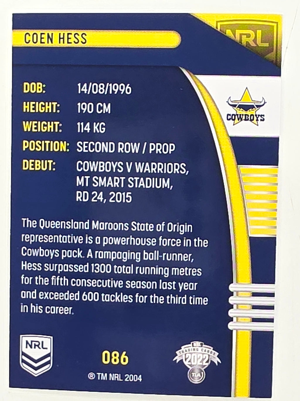NRL 2022 Traders #086 Coen Hess North Queensland Cowboys