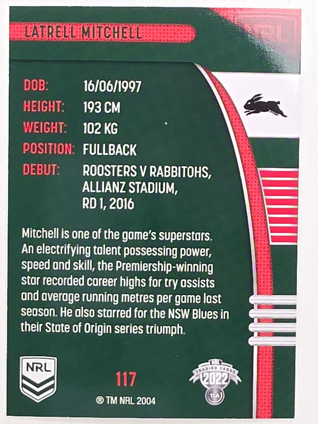 NRL 2022 Traders #117 Latrell Mitchell South Sydney Rabbitohs